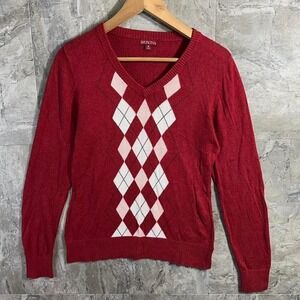 Merona red argyle v-neck sweater Woman's Size M #argyle #knitwear
